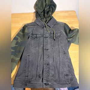 Men’s Hollister Hooded Denim Jean Jacket Sueded Black Camo Y2K Distress Small